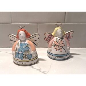 Vintage Russ Berrie Garden Angel Blessing Bells – Set of 2 Porcelain Ornaments